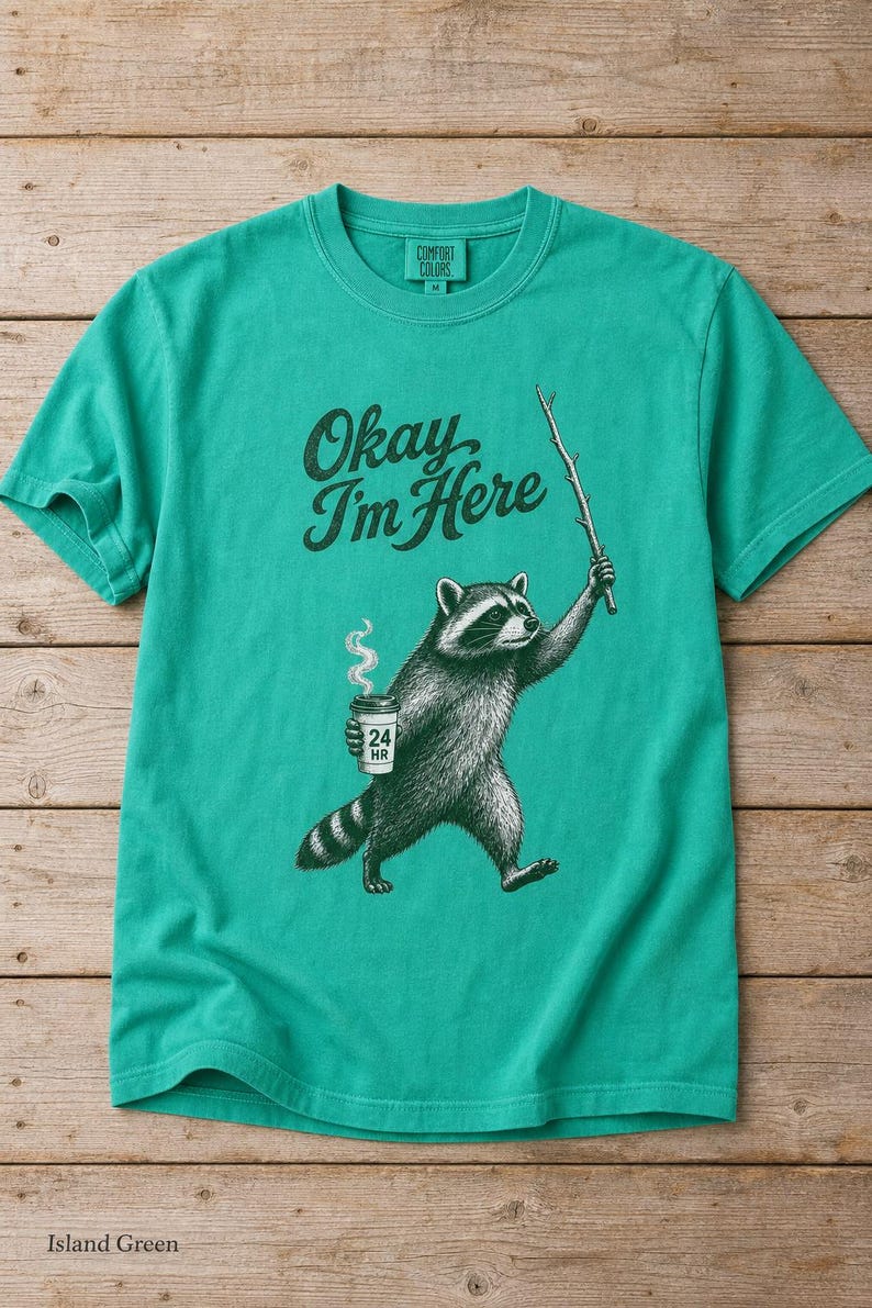 Okay I'm Here Raccoon T-Shirt, Stipple Raccoon with Coffee and Stick Graphic Tee, 24 Hour Gas Station Goblincore Shirt image 14