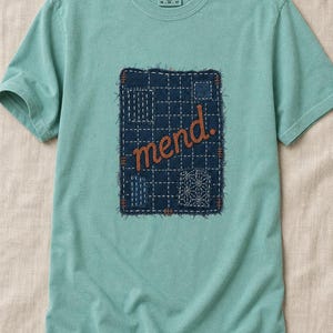 Mend Sashiko Boro Patch T-Shirt Visible Mending Embroidered Denim Look Slow Stitch Repair Graphic Tee Mutual Aid Gift image 10