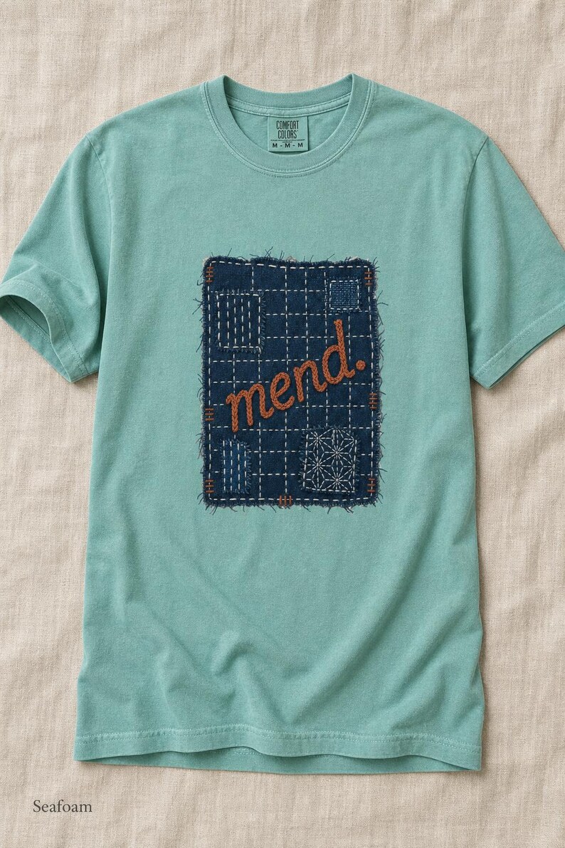 Mend Sashiko Boro Patch T-Shirt Visible Mending Embroidered Denim Look Slow Stitch Repair Graphic Tee Mutual Aid Gift image 10