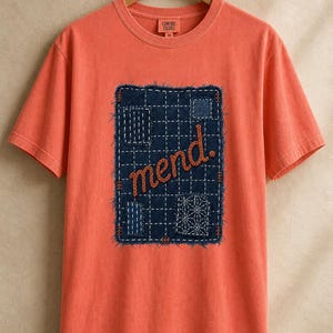 Mend Sashiko Boro Patch T-Shirt Visible Mending Embroidered Denim Look Slow Stitch Repair Graphic Tee Mutual Aid Gift image 11