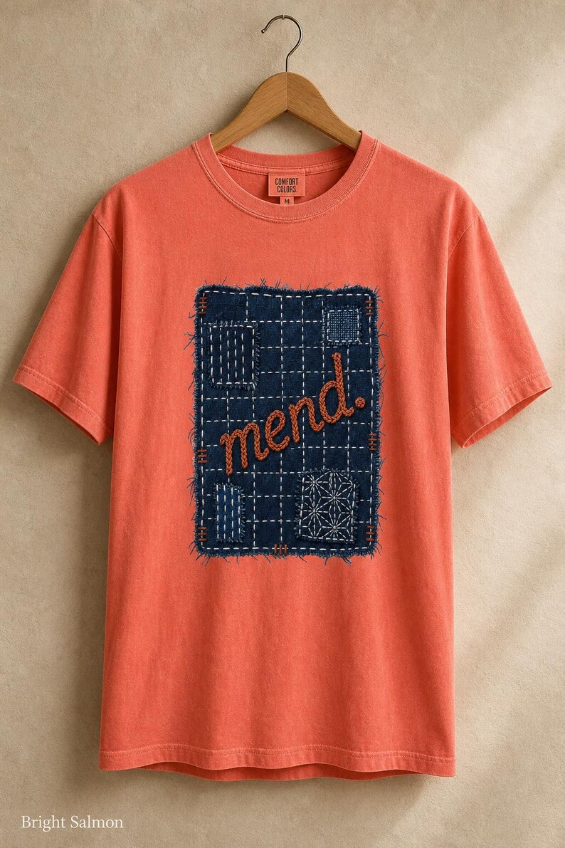 Mend Sashiko Boro Patch T-Shirt Visible Mending Embroidered Denim Look Slow Stitch Repair Graphic Tee Mutual Aid Gift image 11