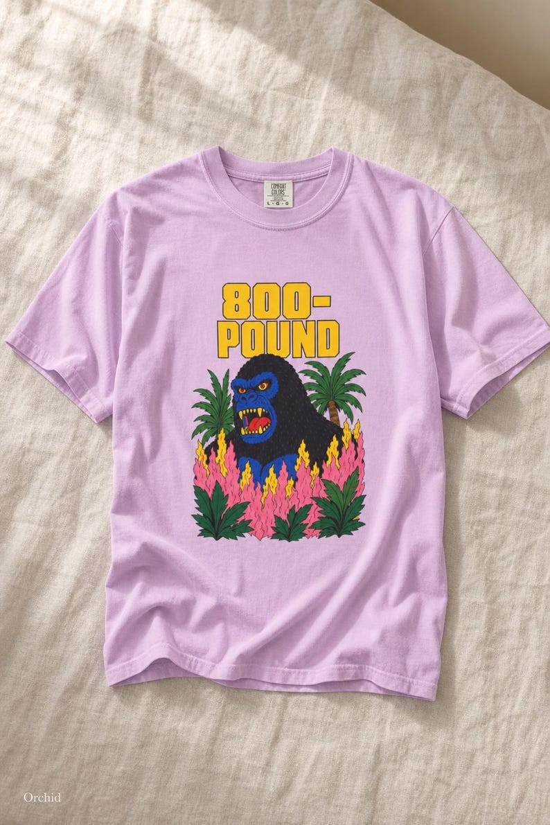 800-Pound Gorilla T-Shirt Pulp Poster Kaiju Tee Bold Flat Color Screenprint Style Roaring Ape Palm Trees Graphic Tee image 18