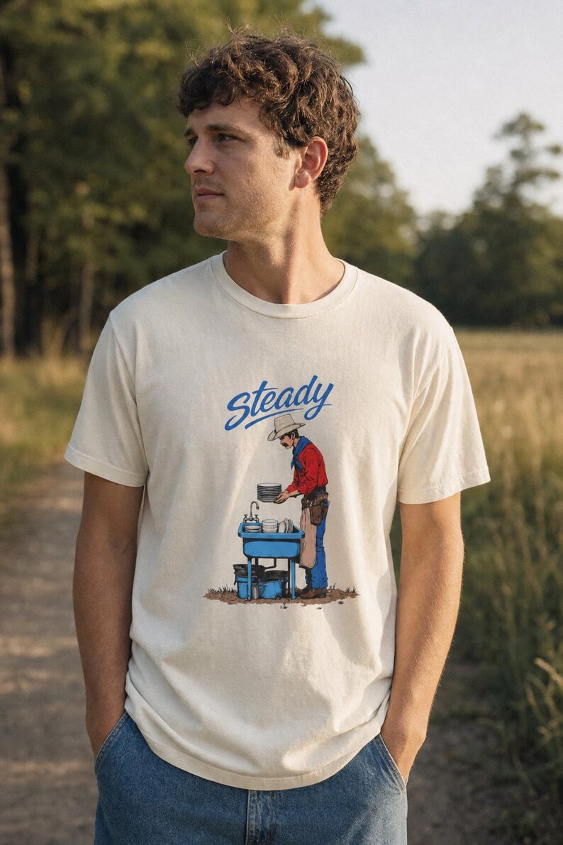 Steady Cowboy Washing Dishes T-Shirt, Mustached Ranch Hand at Blue Sink Graphic Tee, Quiet Work Western Shirt image 2
