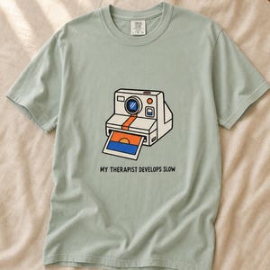 Retro Polaroid Camera T-Shirt, My Therapist Develops Slow, Vintage Instant Photo Tee, Film Photography Graphic Tee, Sunset Print image 5