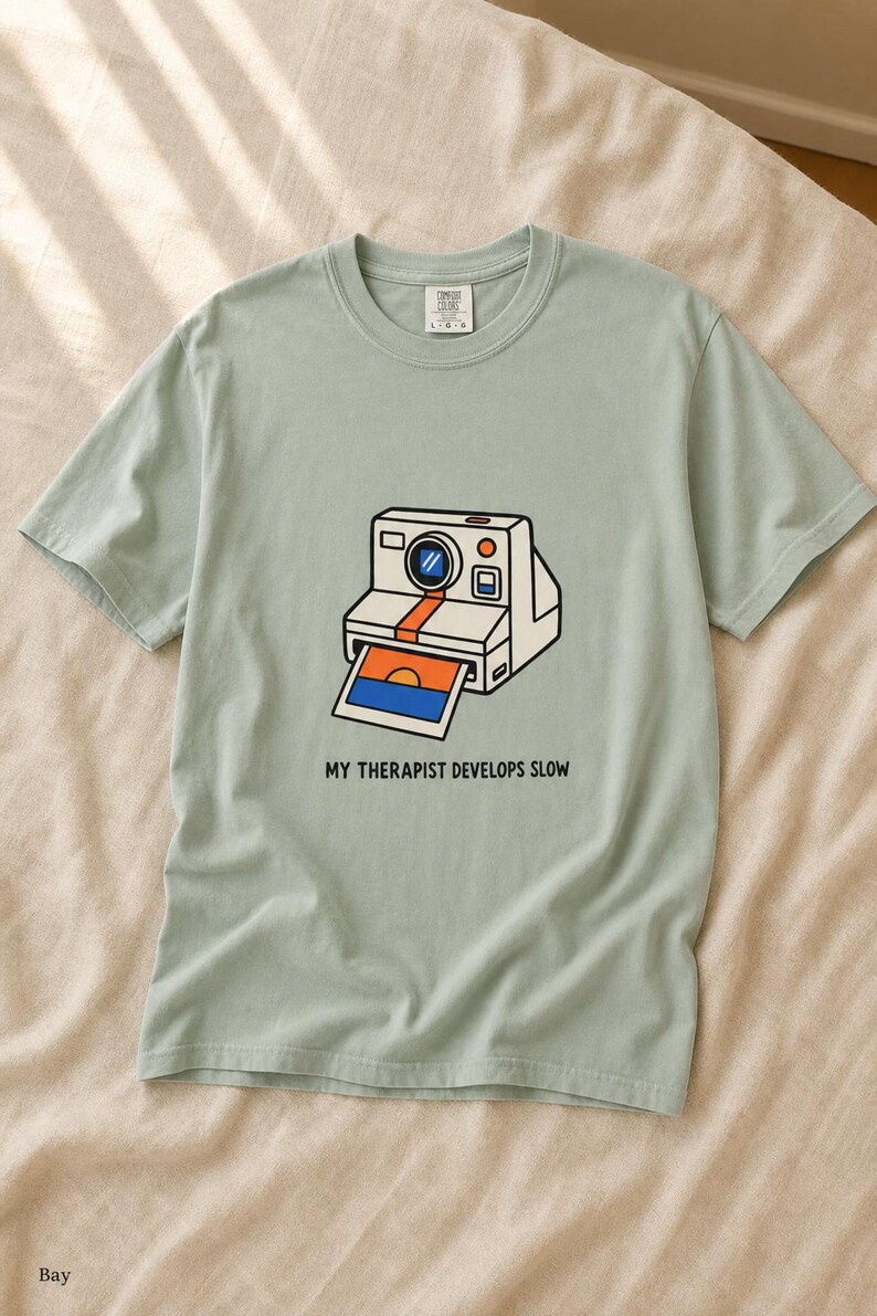 Retro Polaroid Camera T-Shirt, My Therapist Develops Slow, Vintage Instant Photo Tee, Film Photography Graphic Tee, Sunset Print image 5