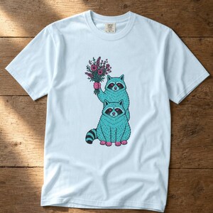 Two Raccoons Holding Wildflowers T-Shirt, Teal and Pink Riso Style Raccoon Tee, Cottagecore Animal Graphic Shirt, Soft Protest Gift image 8