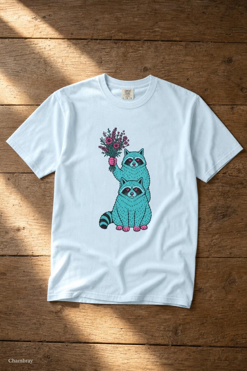 Two Raccoons Holding Wildflowers T-Shirt, Teal and Pink Riso Style Raccoon Tee, Cottagecore Animal Graphic Shirt, Soft Protest Gift image 8