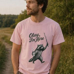 Okay I'm Here Raccoon T-Shirt, Stipple Raccoon with Coffee and Stick Graphic Tee, 24 Hour Gas Station Goblincore Shirt image 3