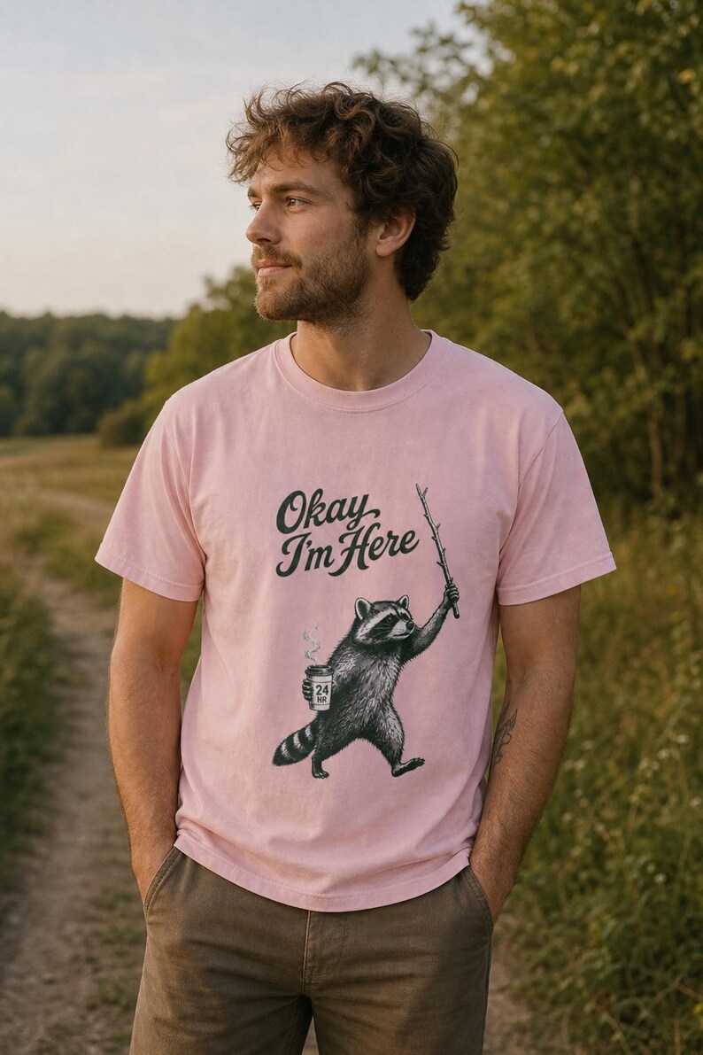 Okay I'm Here Raccoon T-Shirt, Stipple Raccoon with Coffee and Stick Graphic Tee, 24 Hour Gas Station Goblincore Shirt image 3