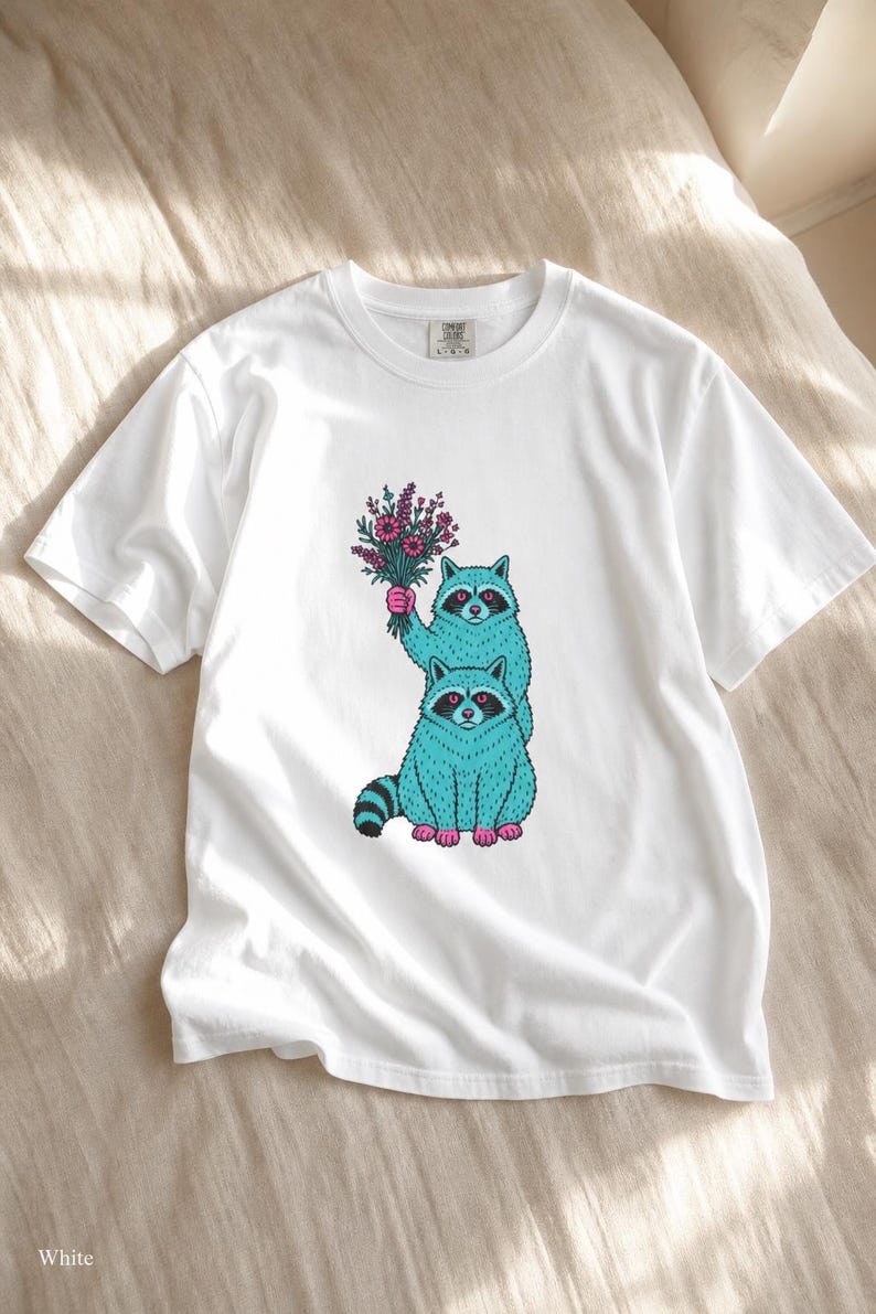 Two Raccoons Holding Wildflowers T-Shirt, Teal and Pink Riso Style Raccoon Tee, Cottagecore Animal Graphic Shirt, Soft Protest Gift image 4