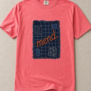 Mend Sashiko Boro Patch T-Shirt Visible Mending Embroidered Denim Look Slow Stitch Repair Graphic Tee Mutual Aid Gift image 15