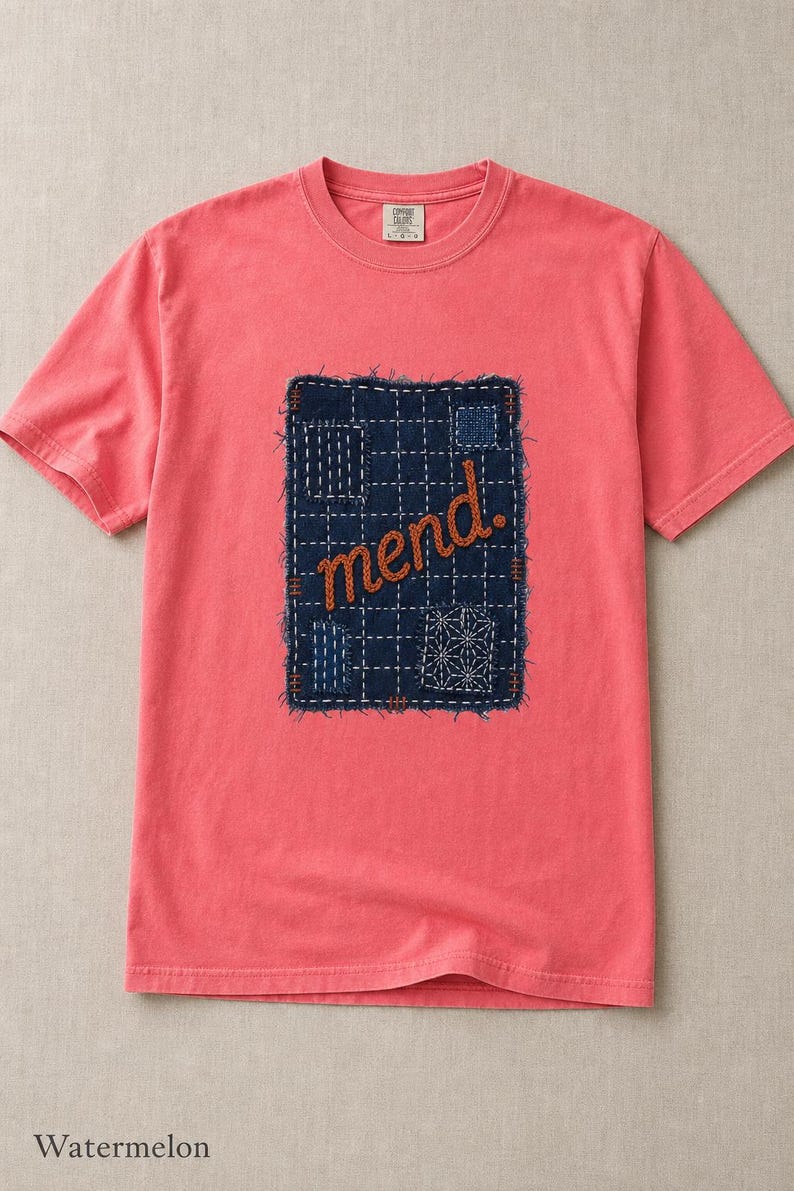 Mend Sashiko Boro Patch T-Shirt Visible Mending Embroidered Denim Look Slow Stitch Repair Graphic Tee Mutual Aid Gift image 15