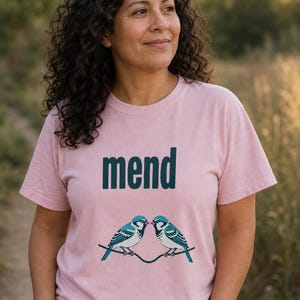 Mend Two Birds T-Shirt Sparrows on a Wire Screenprint Style Tee Quiet Repair Mutual Aid Cottagecore Bird Lover Graphic Tee Bild 3