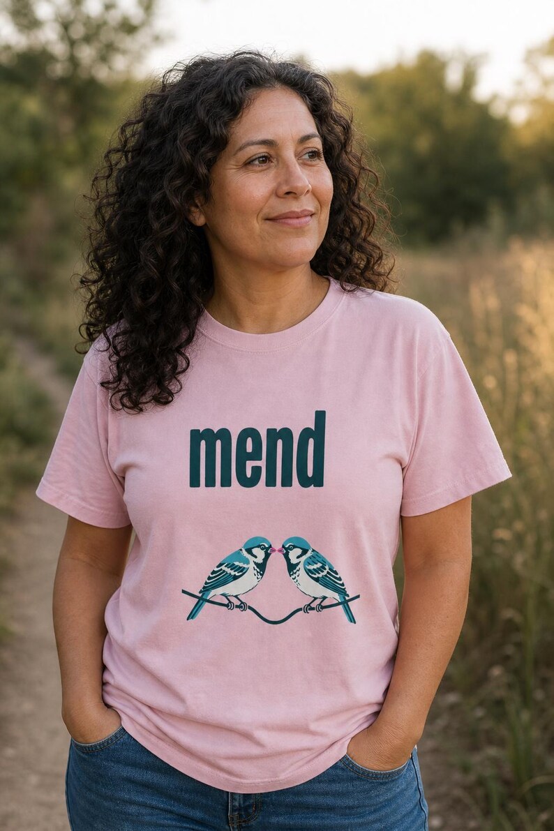 Mend Two Birds T-Shirt Sparrows on a Wire Screenprint Style Tee Quiet Repair Mutual Aid Cottagecore Bird Lover Graphic Tee Bild 3