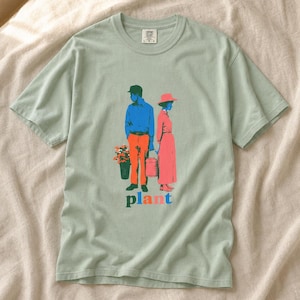 Plant Couple T-Shirt, Retro Screenprint Style Tee with Gardeners Holding Flowers and Watering Can, Cottage Garden Graphic Tee image 5