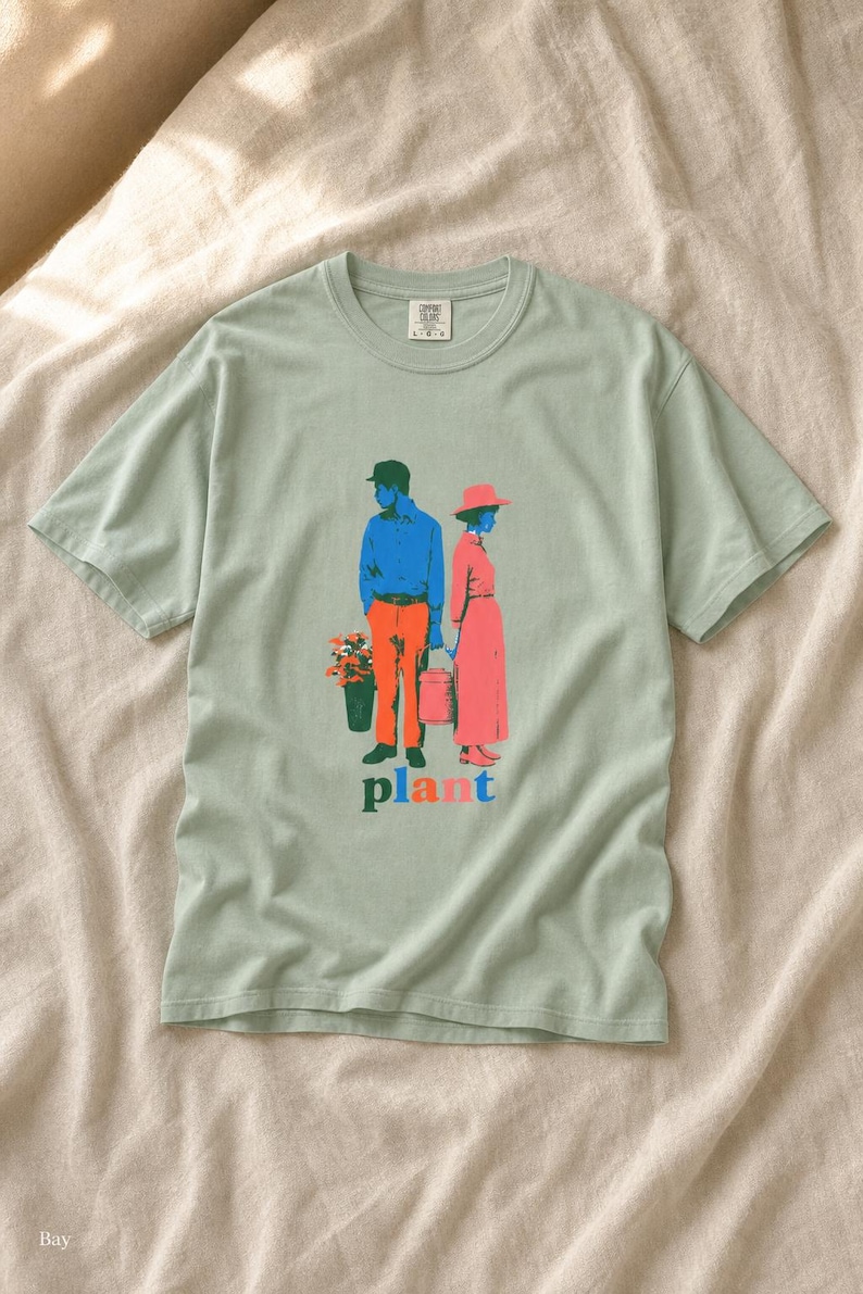 Plant Couple T-Shirt, Retro Screenprint Style Tee with Gardeners Holding Flowers and Watering Can, Cottage Garden Graphic Tee image 5