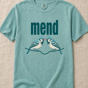 Mend Two Birds T-Shirt Sparrows on a Wire Screenprint Style Tee Quiet Repair Mutual Aid Cottagecore Bird Lover Graphic Tee Bild 1