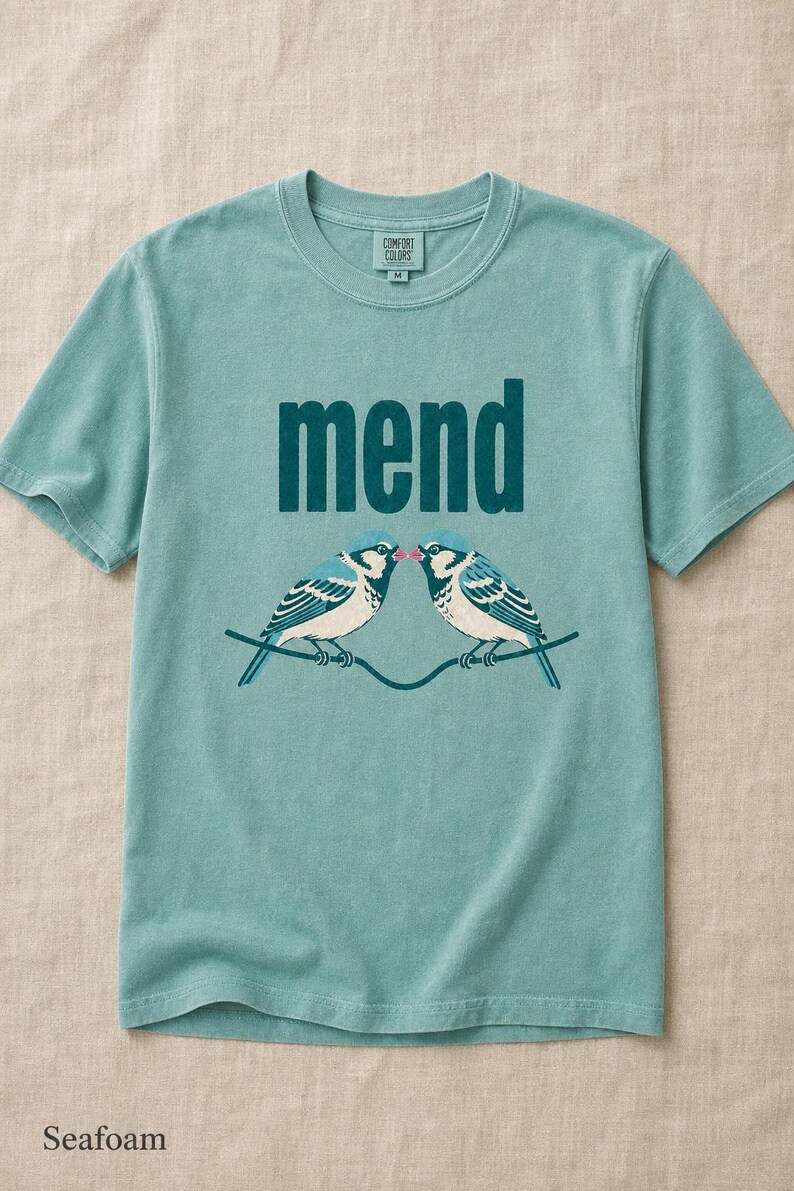 Mend Two Birds T-Shirt Sparrows on a Wire Screenprint Style Tee Quiet Repair Mutual Aid Cottagecore Bird Lover Graphic Tee Bild 1