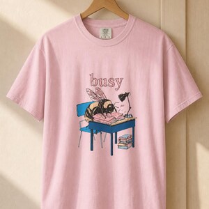 Busy Bee at Desk T-Shirt, Bumblebee Studying Illustration Tee, Bookish Cottagecore Graphic Shirt, Hard Worker Gift image 7