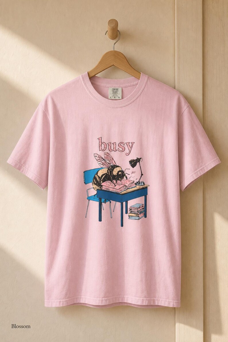 Busy Bee at Desk T-Shirt, Bumblebee Studying Illustration Tee, Bookish Cottagecore Graphic Shirt, Hard Worker Gift image 7