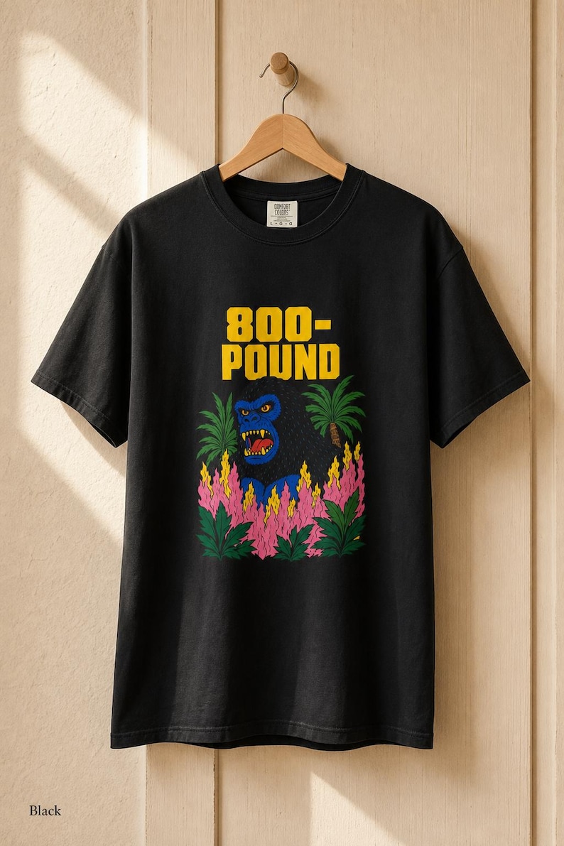800-Pound Gorilla T-Shirt Pulp Poster Kaiju Tee Bold Flat Color Screenprint Style Roaring Ape Palm Trees Graphic Tee image 6