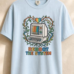 Reboot The System T-Shirt, Retro Computer with Vines and Rainbow Heart Tee, Vintage PC Graphic Cottagecore Tech Shirt image 9