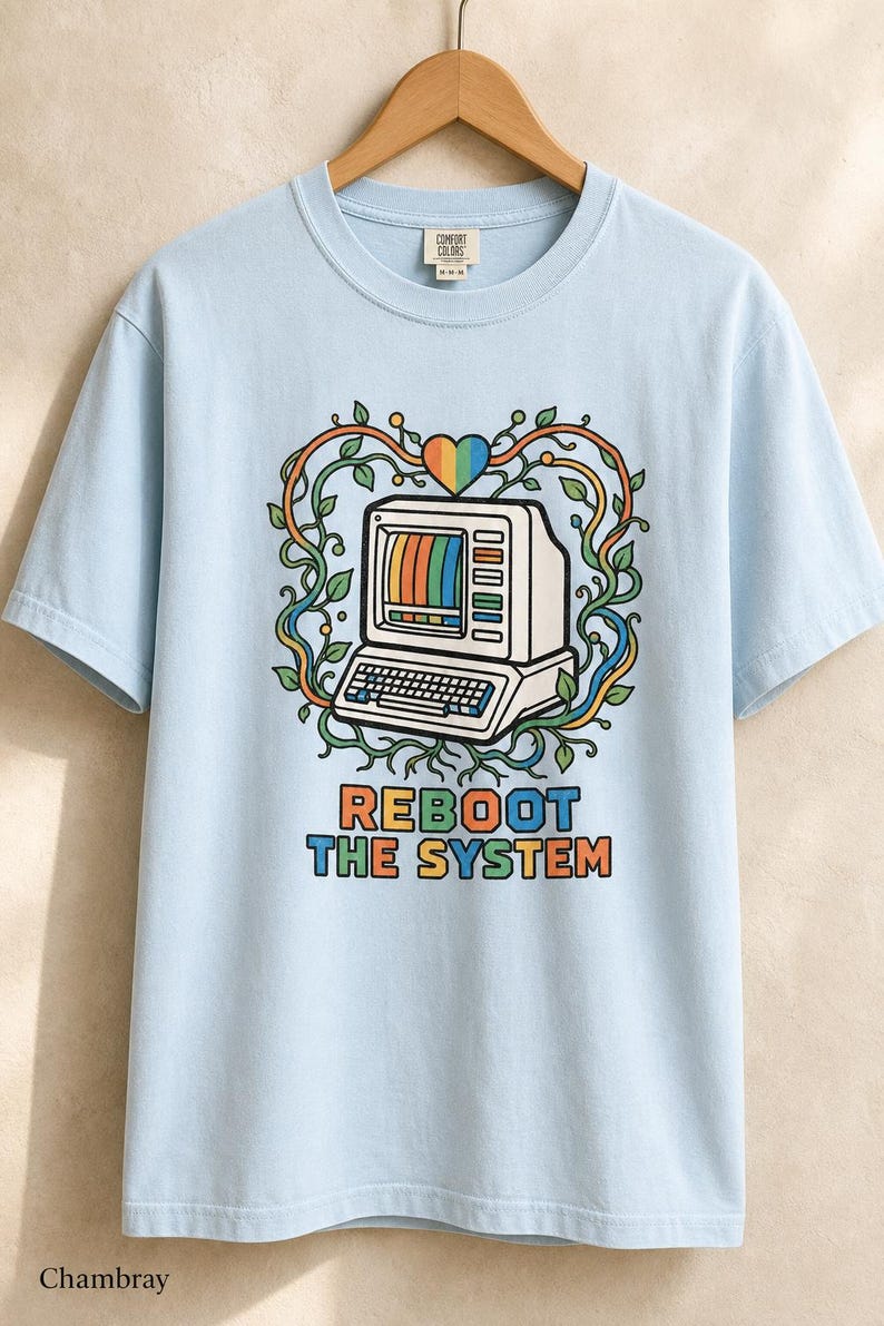 Reboot The System T-Shirt, Retro Computer with Vines and Rainbow Heart Tee, Vintage PC Graphic Cottagecore Tech Shirt image 9