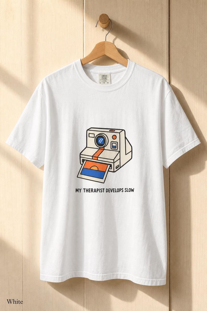 Retro Polaroid Camera T-Shirt, My Therapist Develops Slow, Vintage Instant Photo Tee, Film Photography Graphic Tee, Sunset Print image 4
