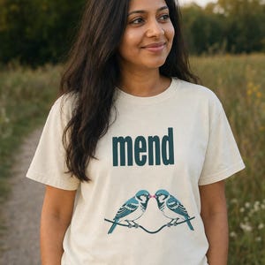 Mend Two Birds T-Shirt Sparrows on a Wire Screenprint Style Tee Quiet Repair Mutual Aid Cottagecore Bird Lover Graphic Tee Bild 2