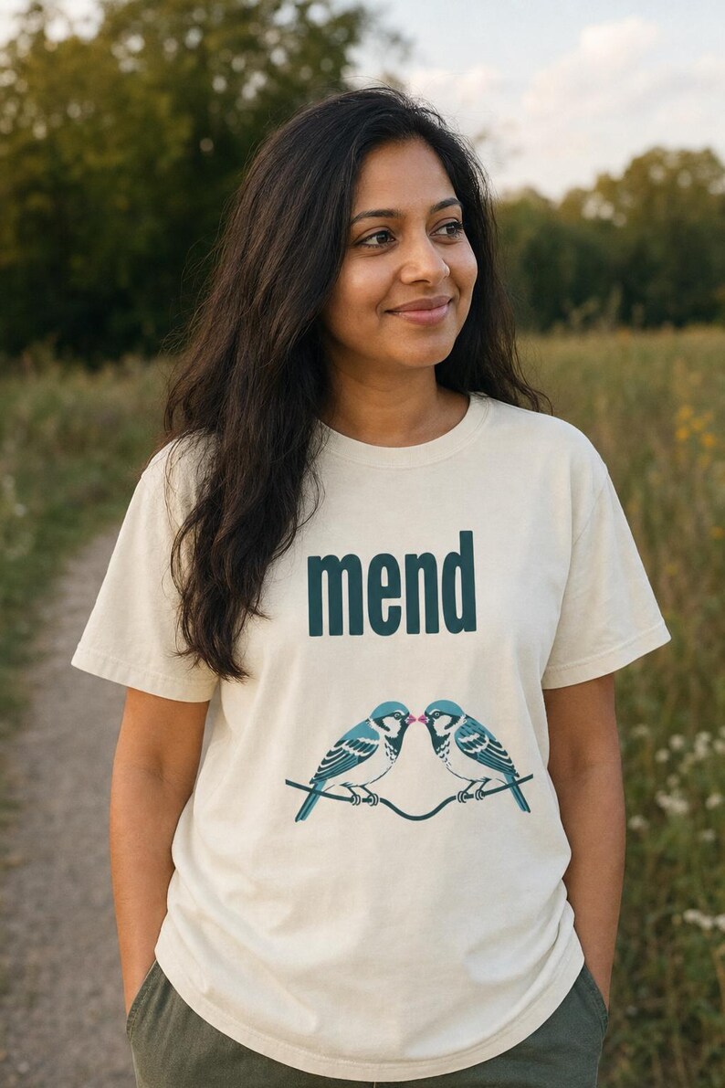 Mend Two Birds T-Shirt Sparrows on a Wire Screenprint Style Tee Quiet Repair Mutual Aid Cottagecore Bird Lover Graphic Tee Bild 2