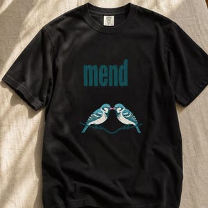 Mend Two Birds T-Shirt Sparrows on a Wire Screenprint Style Tee Quiet Repair Mutual Aid Cottagecore Bird Lover Graphic Tee Bild 6