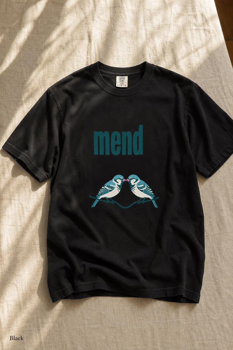 Mend Two Birds T-Shirt Sparrows on a Wire Screenprint Style Tee Quiet Repair Mutual Aid Cottagecore Bird Lover Graphic Tee Bild 6