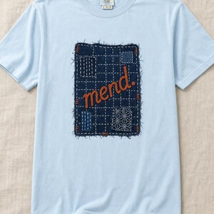 Mend Sashiko Boro Patch T-Shirt Visible Mending Embroidered Denim Look Slow Stitch Repair Graphic Tee Mutual Aid Gift image 9