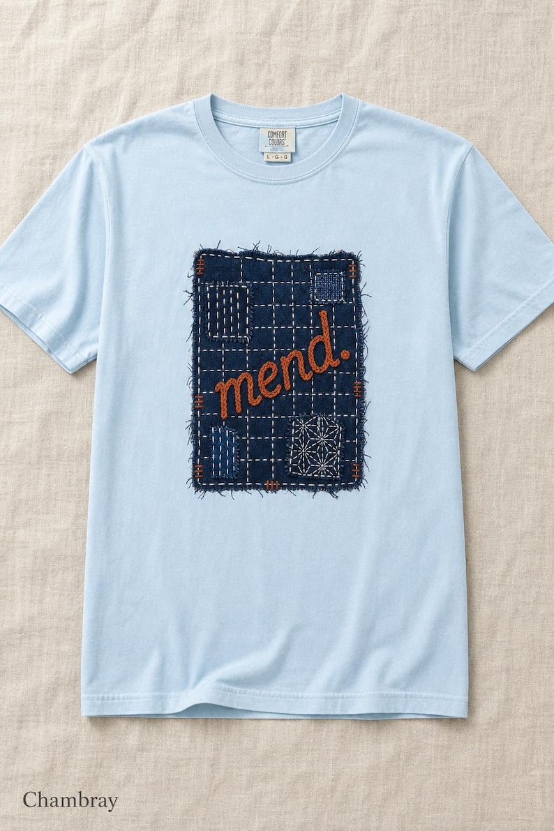 Mend Sashiko Boro Patch T-Shirt Visible Mending Embroidered Denim Look Slow Stitch Repair Graphic Tee Mutual Aid Gift image 9