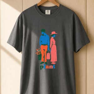 Plant Couple T-Shirt, Retro Screenprint Style Tee with Gardeners Holding Flowers and Watering Can, Cottage Garden Graphic Tee image 11