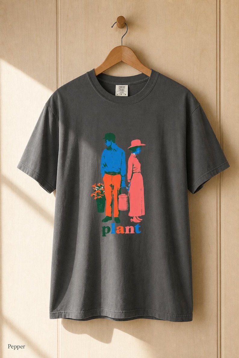 Plant Couple T-Shirt, Retro Screenprint Style Tee with Gardeners Holding Flowers and Watering Can, Cottage Garden Graphic Tee image 11