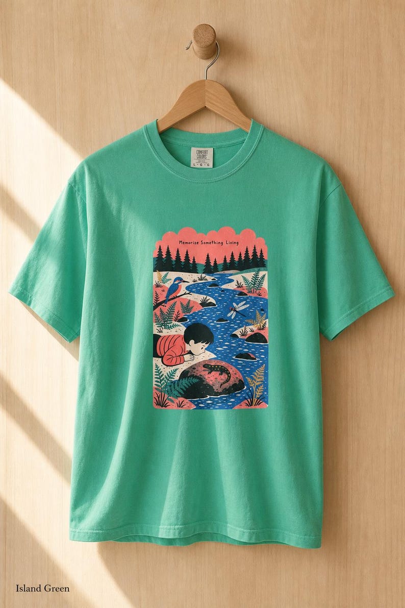 Memorize Something Living T-Shirt, Folk Illustration Tee with Child and Salamander at the Creek, Nature Lover Gift Bild 14
