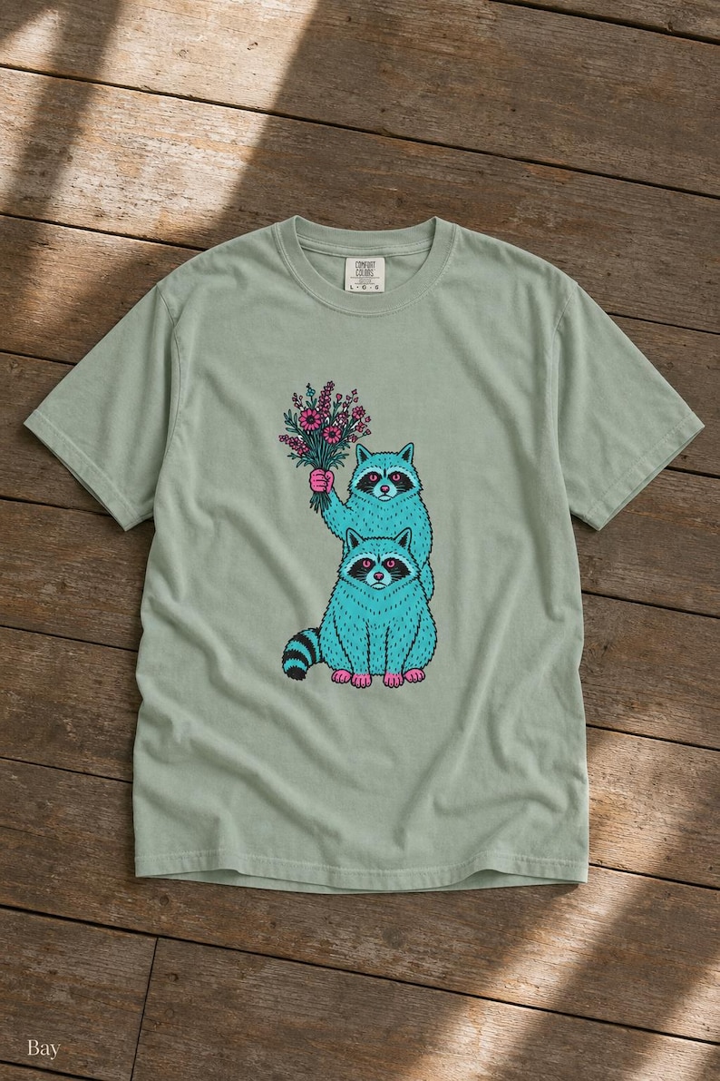 Two Raccoons Holding Wildflowers T-Shirt, Teal and Pink Riso Style Raccoon Tee, Cottagecore Animal Graphic Shirt, Soft Protest Gift image 5