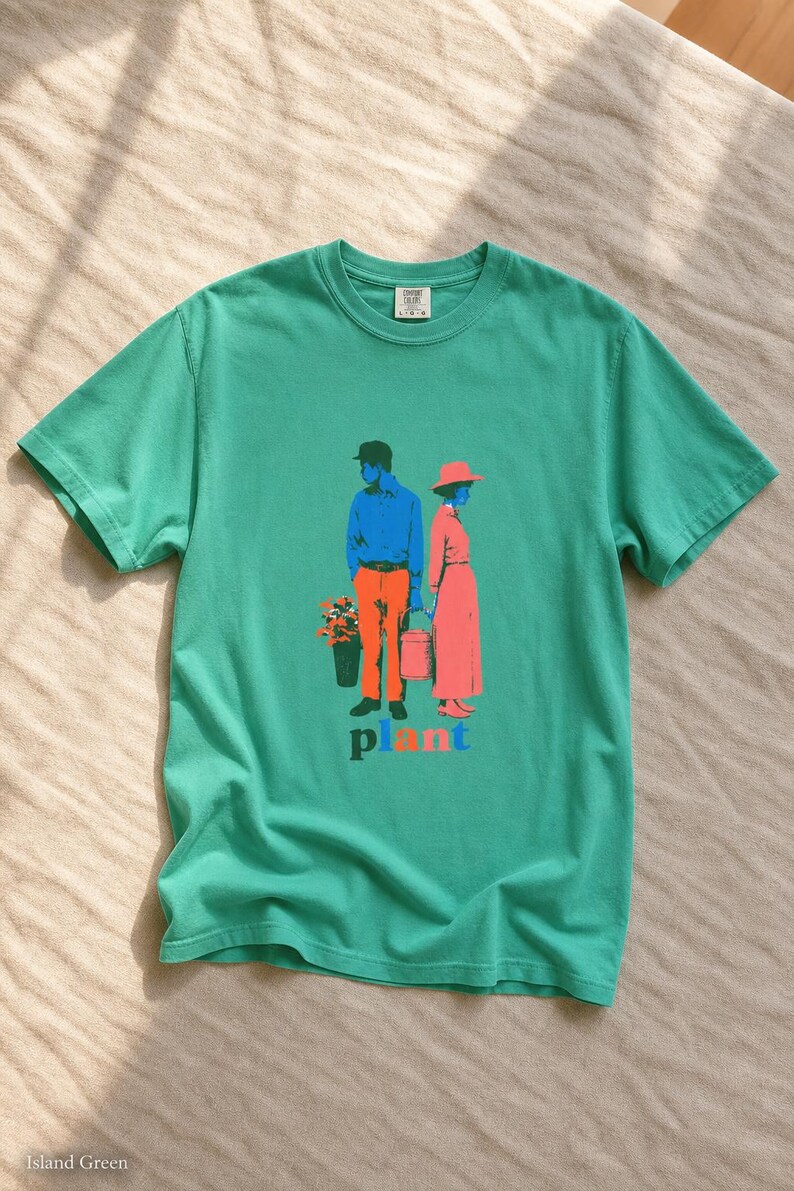 Plant Couple T-Shirt, Retro Screenprint Style Tee with Gardeners Holding Flowers and Watering Can, Cottage Garden Graphic Tee image 13