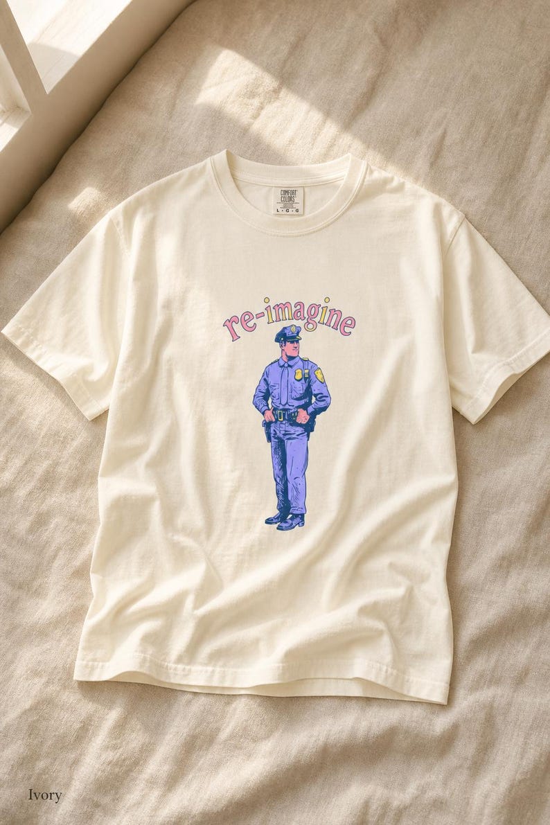 Re-imagine Police Officer T-Shirt Comic Style Cop Illustration Tee Community Reform Graphic Shirt Gift image 7