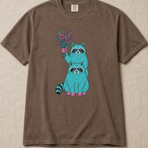 Two Raccoons Holding Wildflowers T-Shirt, Teal and Pink Riso Style Raccoon Tee, Cottagecore Animal Graphic Shirt, Soft Protest Gift image 17