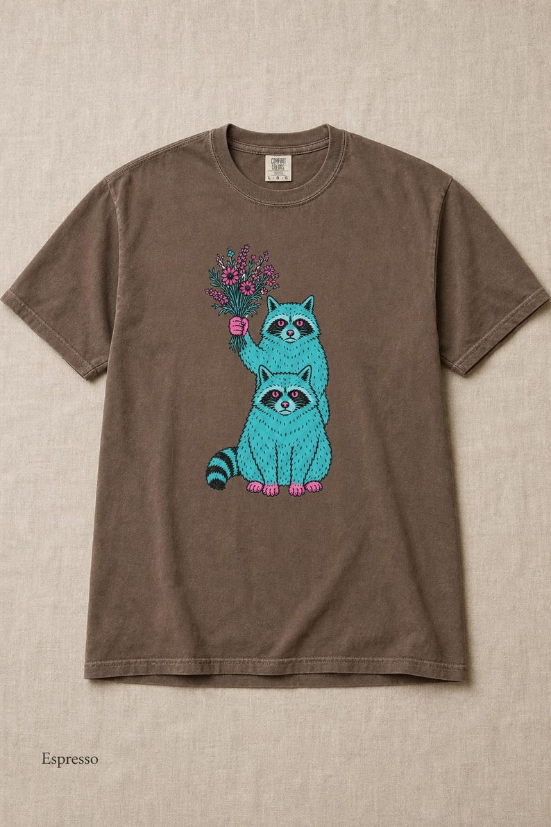 Two Raccoons Holding Wildflowers T-Shirt, Teal and Pink Riso Style Raccoon Tee, Cottagecore Animal Graphic Shirt, Soft Protest Gift image 17