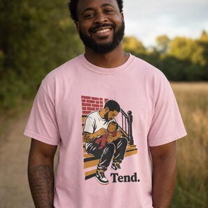 Tend Father and Baby Brownstone Stoop T-Shirt Bold Comic Illustration Fatherhood Graphic Tee Black Dad Gift 画像 3