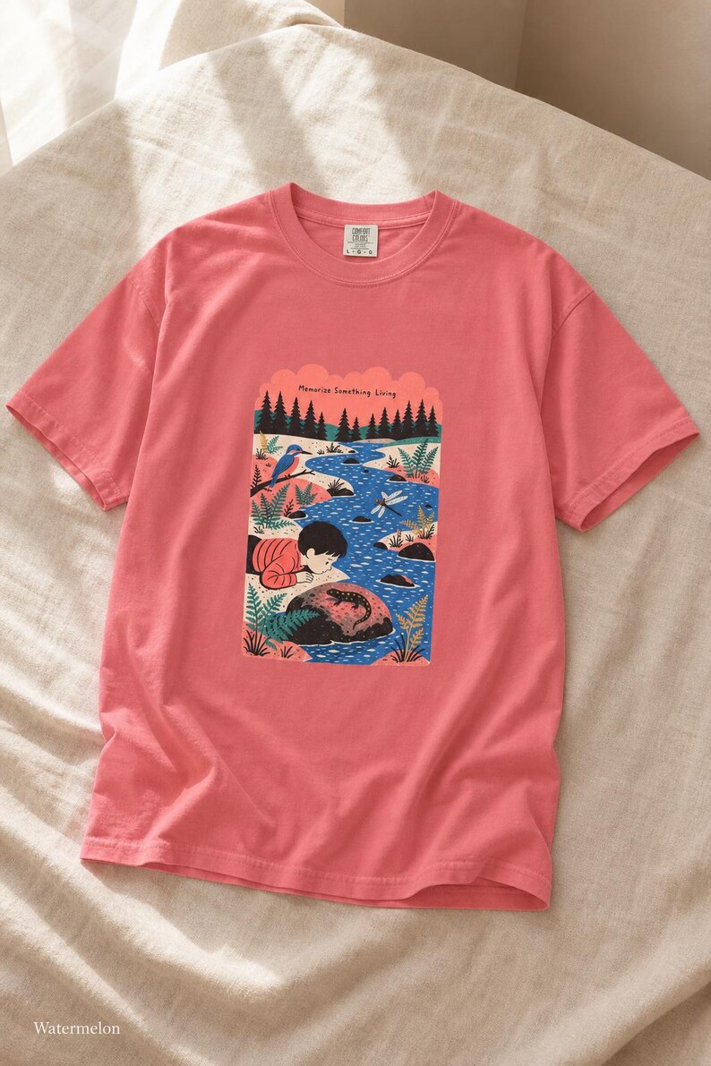 Memorize Something Living T-Shirt, Folk Illustration Tee with Child and Salamander at the Creek, Nature Lover Gift Bild 15