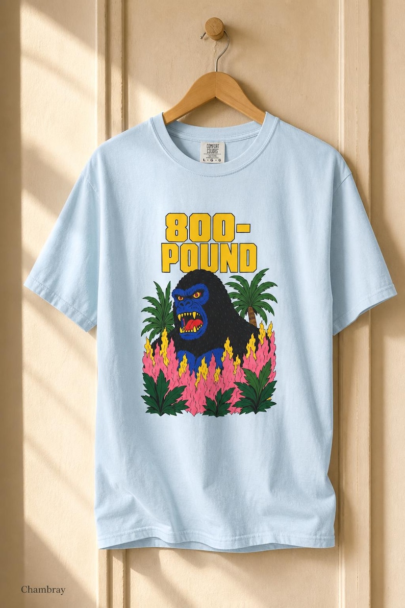 800-Pound Gorilla T-Shirt Pulp Poster Kaiju Tee Bold Flat Color Screenprint Style Roaring Ape Palm Trees Graphic Tee image 9