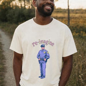 Re-imagine Police Officer T-Shirt Comic Style Cop Illustration Tee Community Reform Graphic Shirt Gift image 2