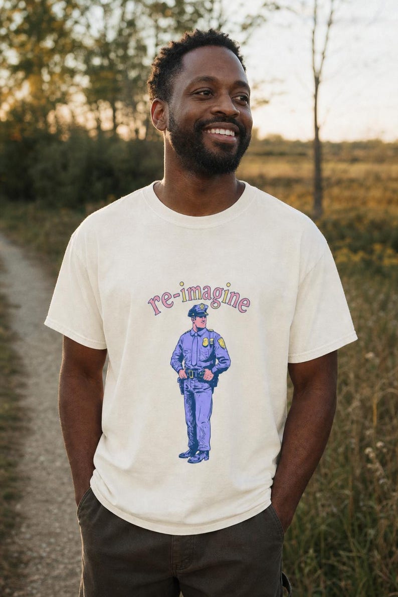 Re-imagine Police Officer T-Shirt Comic Style Cop Illustration Tee Community Reform Graphic Shirt Gift image 2