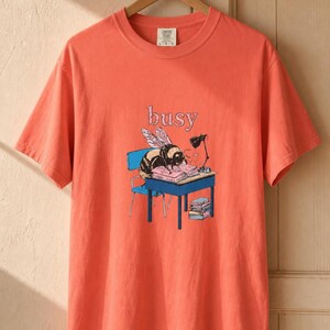 Busy Bee at Desk T-Shirt, Bumblebee Studying Illustration Tee, Bookish Cottagecore Graphic Shirt, Hard Worker Gift image 10