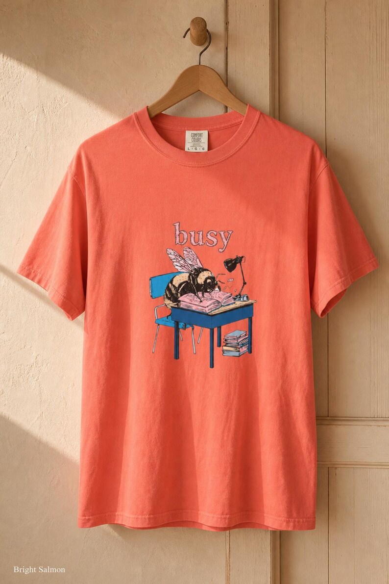 Busy Bee at Desk T-Shirt, Bumblebee Studying Illustration Tee, Bookish Cottagecore Graphic Shirt, Hard Worker Gift image 10