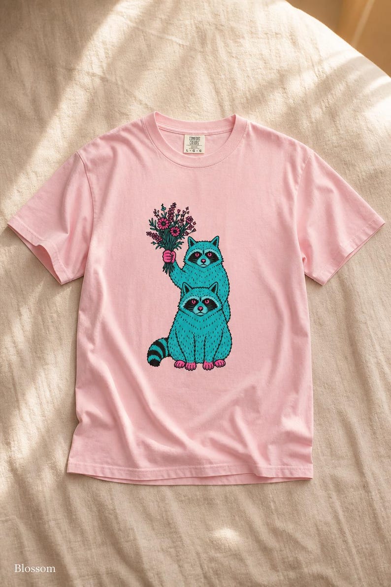 Two Raccoons Holding Wildflowers T-Shirt, Teal and Pink Riso Style Raccoon Tee, Cottagecore Animal Graphic Shirt, Soft Protest Gift image 7